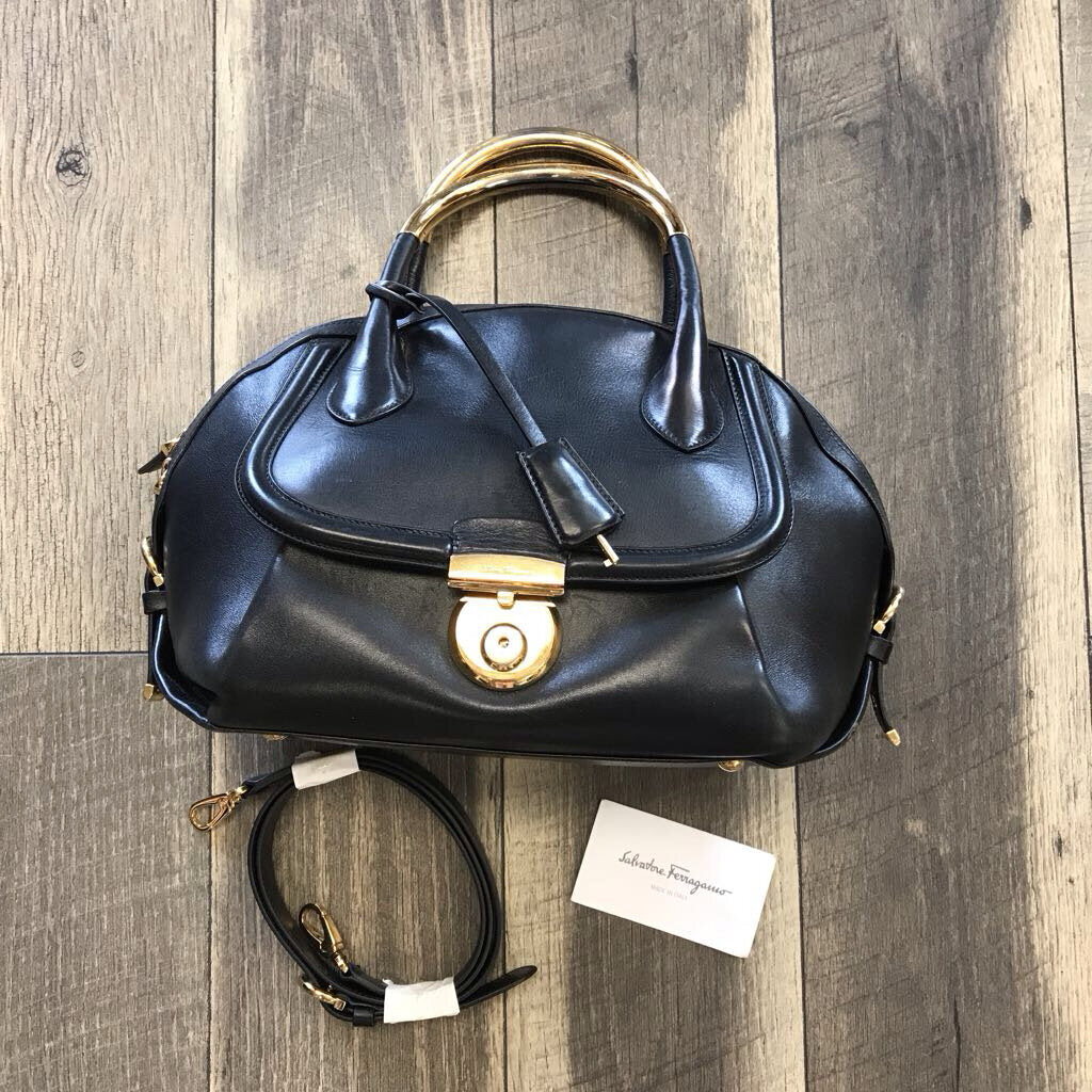 AUTH BLACK FIAMMA METAL HANDLE SATCHEL