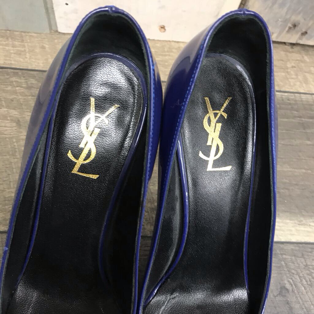 BLUE YSL PATENT LEATHER PUMPS