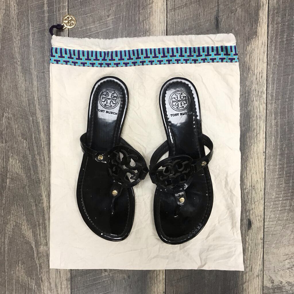 BLACK PATENT MILLER SANDALS