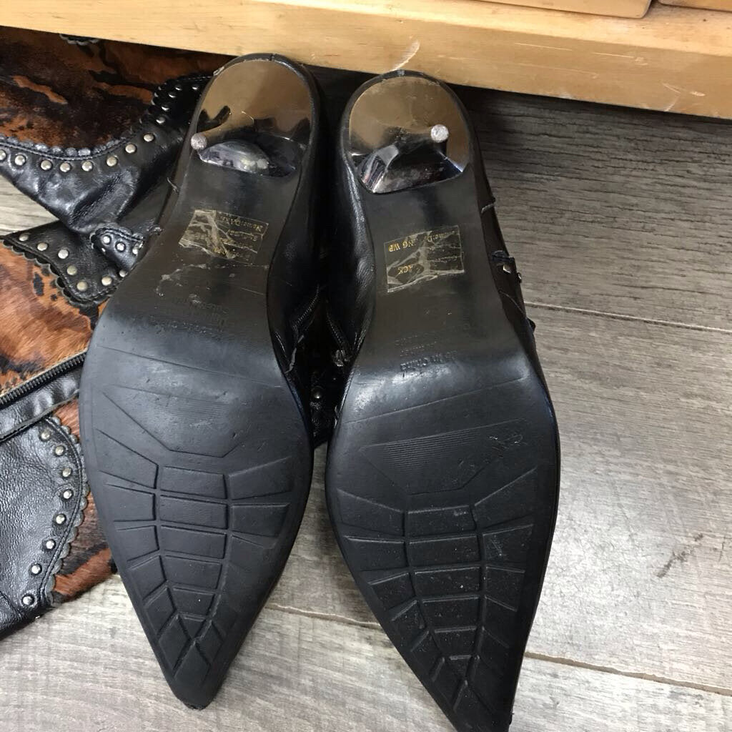 VINTAGE LEATHER FUR STUDDED HEEL BOOTS-AS IS