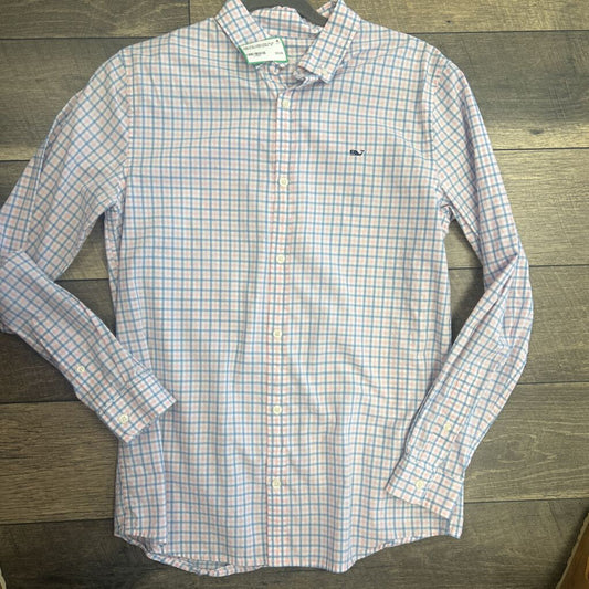 PINK BLUE CHECK BUTTON DOWN