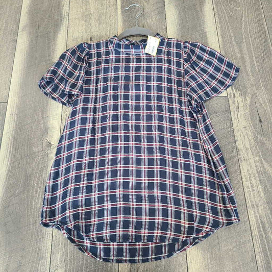 NAVY PLAID SS BLOUSE