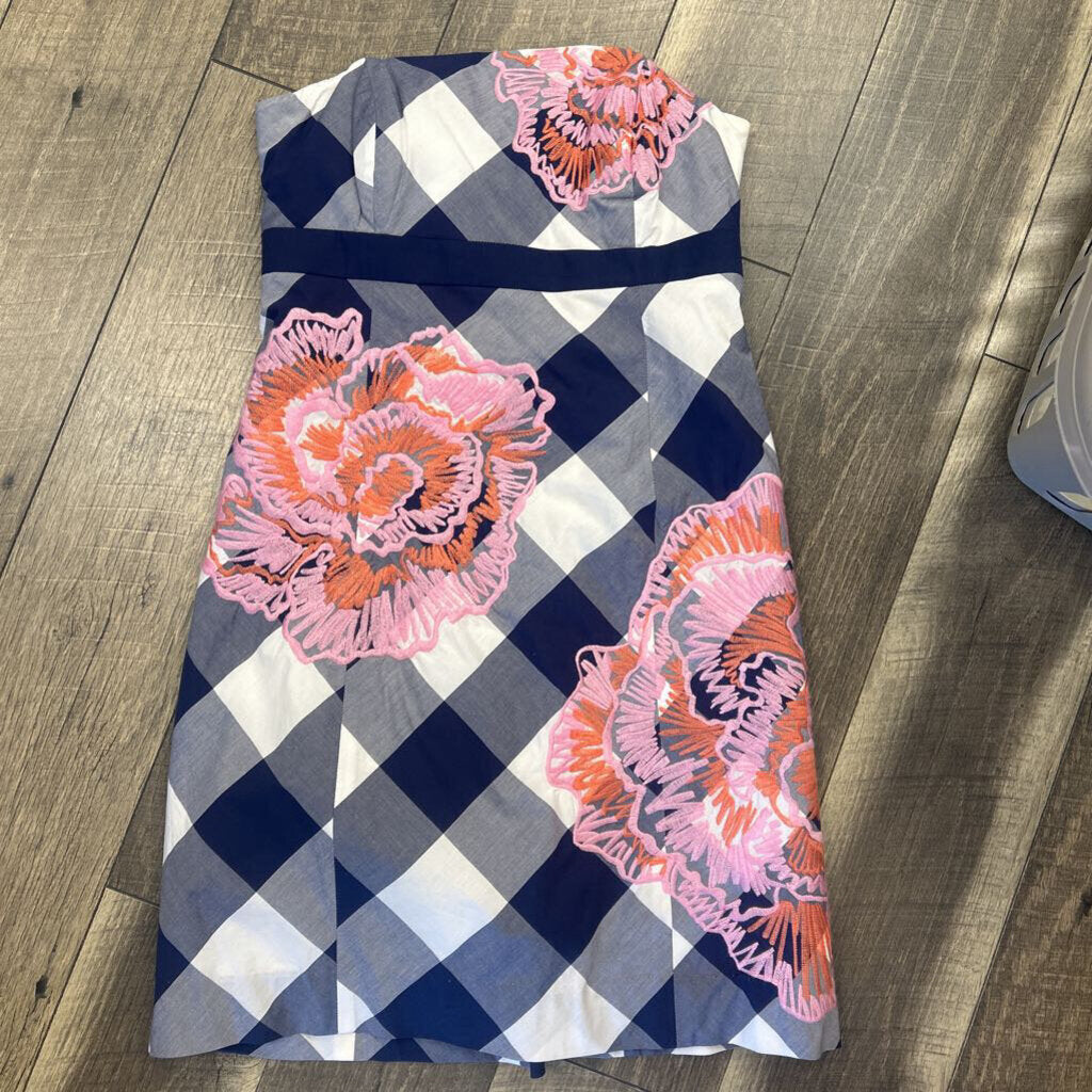 NAVY CHECK ROSE STRAPLESS DRESS