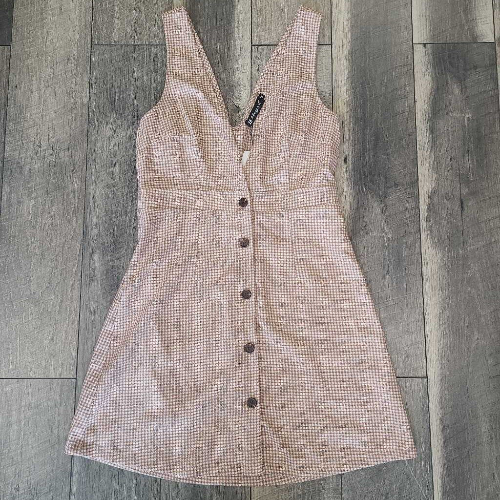 BROWN GINGHAM LOW V DRESS- NWT