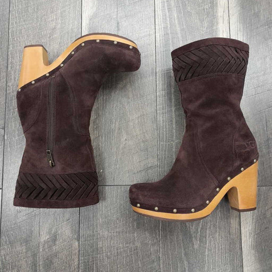 BROWN SUEDED WOODEN HEEL BOOT