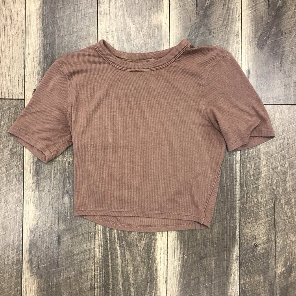 LT BROWN CROP RIBBED S/S T