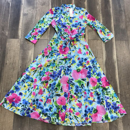 BLUE PRINTED POPLIN DRESS- MISSING BUTTON