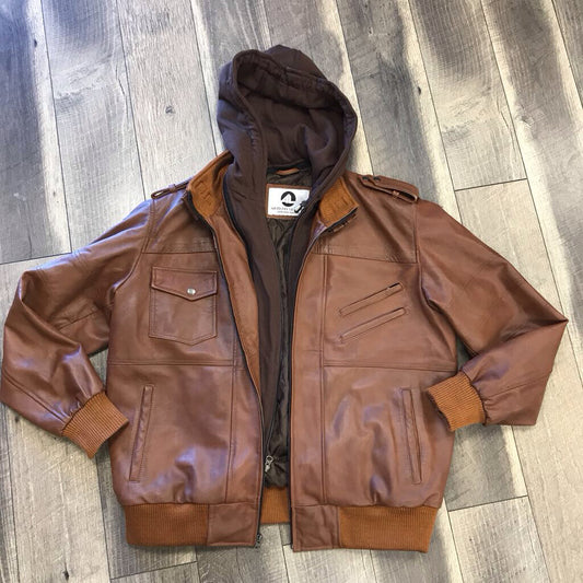 BROWN HOODED LEATHER JACKET