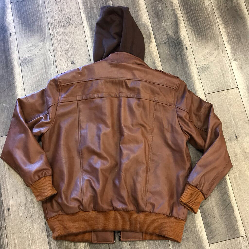 BROWN HOODED LEATHER JACKET