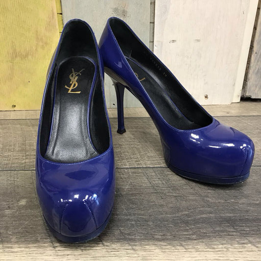 BLUE YSL PATENT LEATHER PUMPS