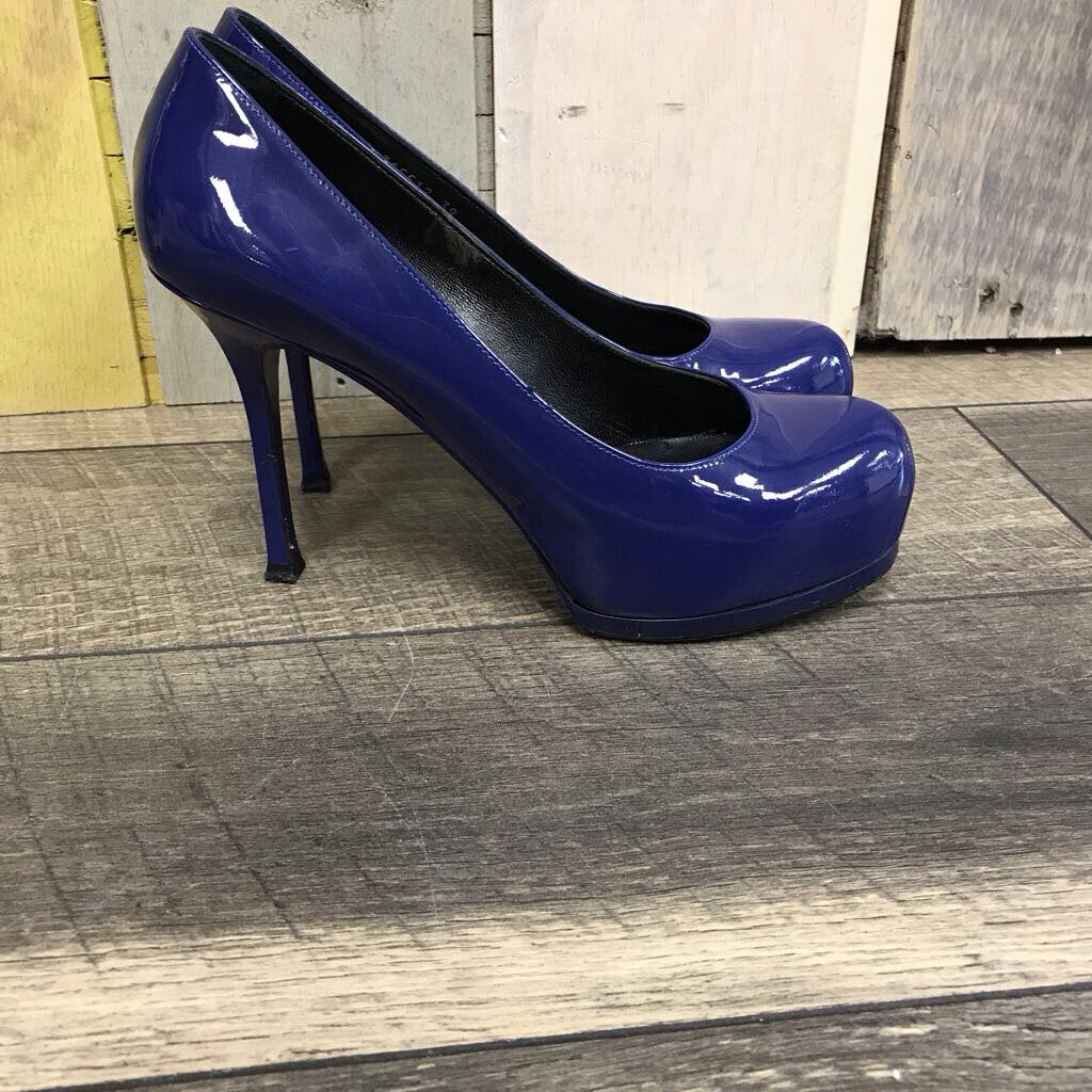 BLUE YSL PATENT LEATHER PUMPS