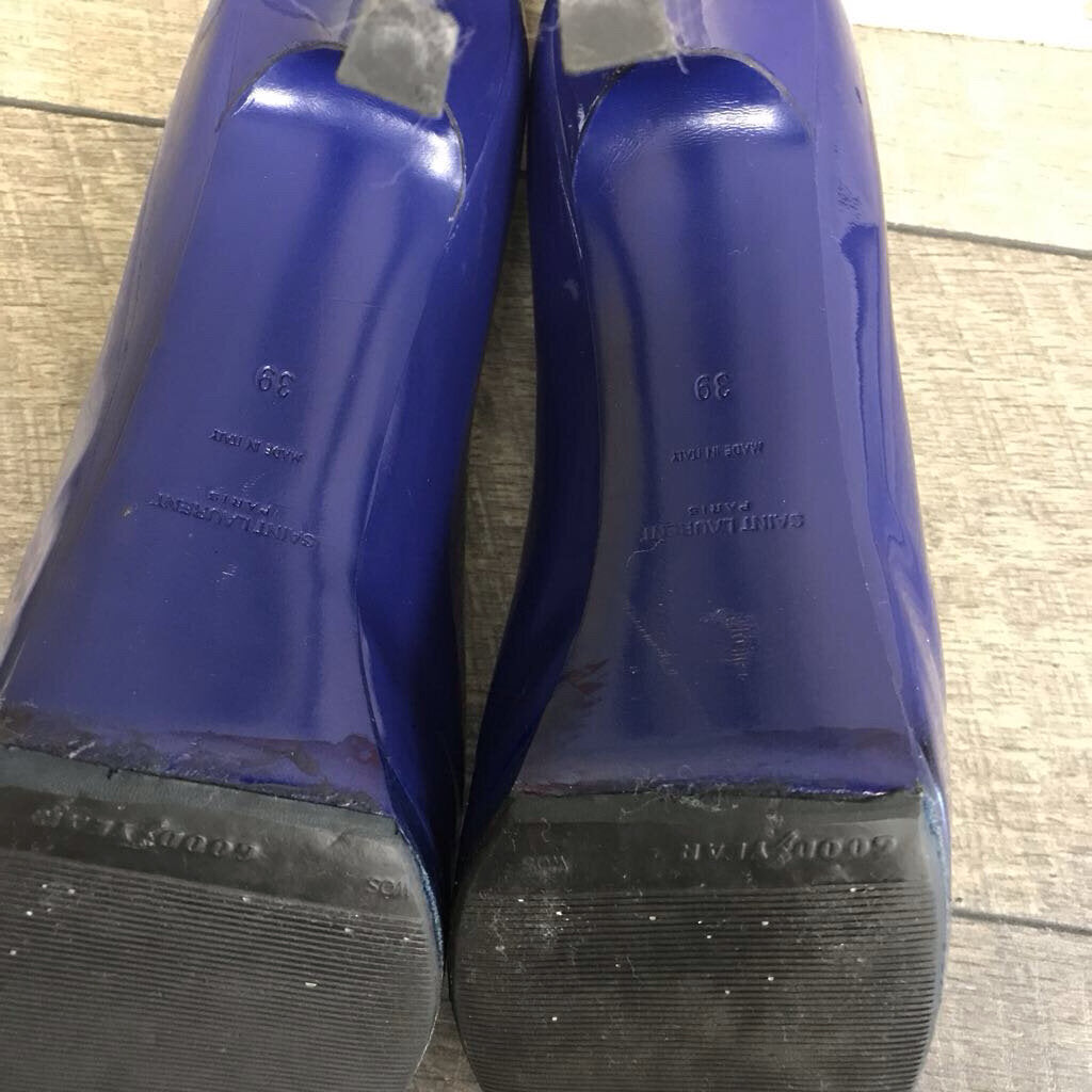 BLUE YSL PATENT LEATHER PUMPS