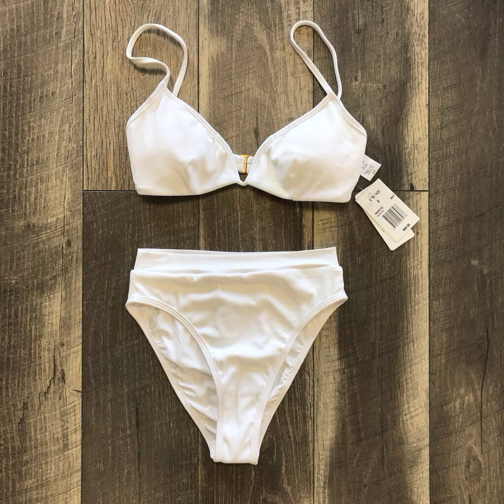 WHITE RIBBED 2P SWIM BIKINI-NWT