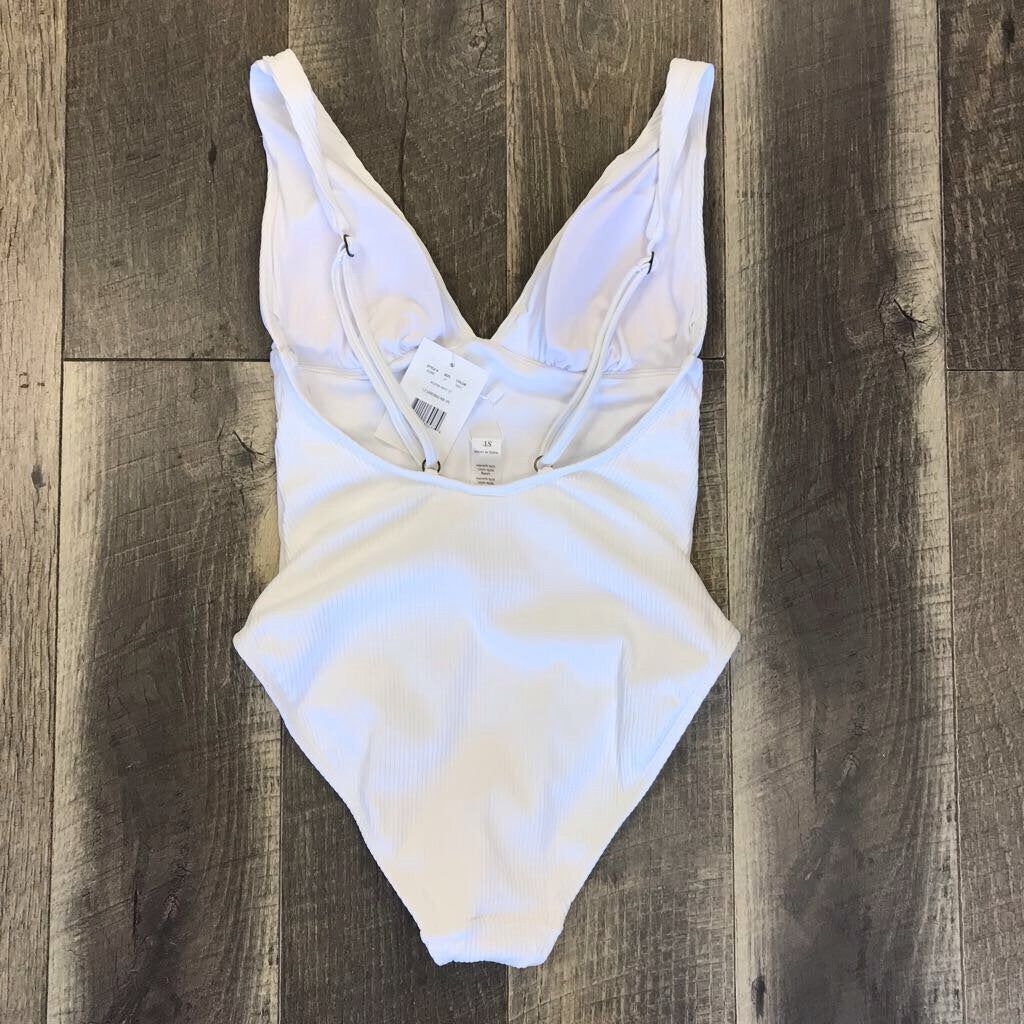 WHITE RIBBED ONE PIECE SWIM SUIT-NWT