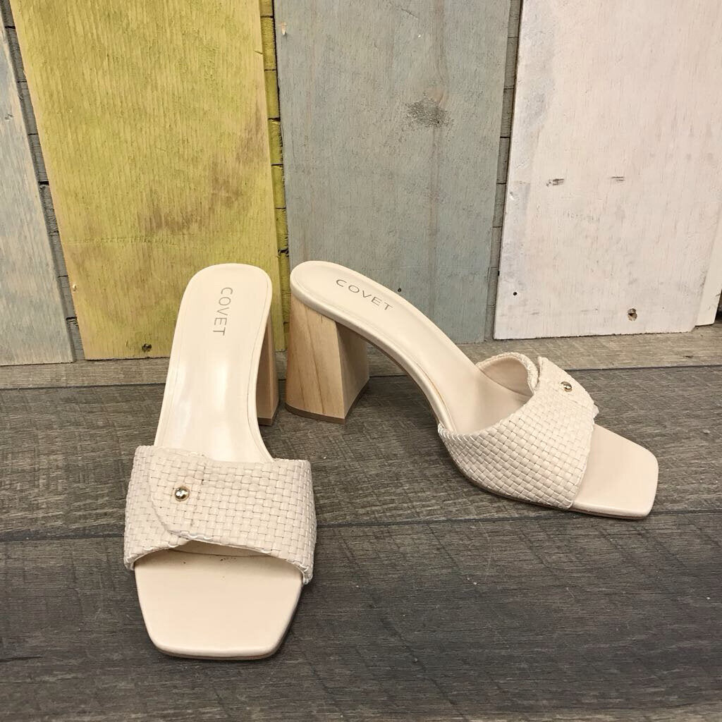 CREAM WOVEN WOOD BLOCK HEELS