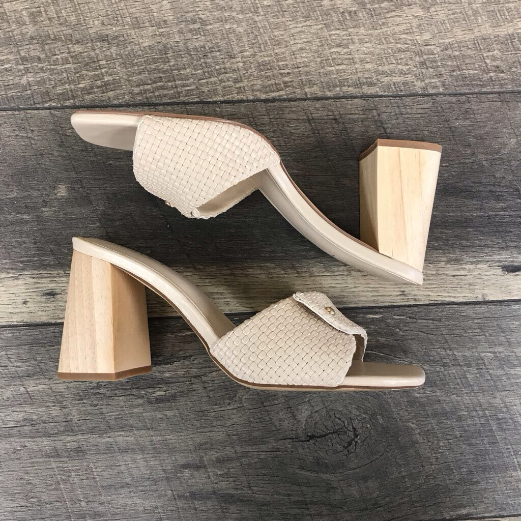 CREAM WOVEN WOOD BLOCK HEELS