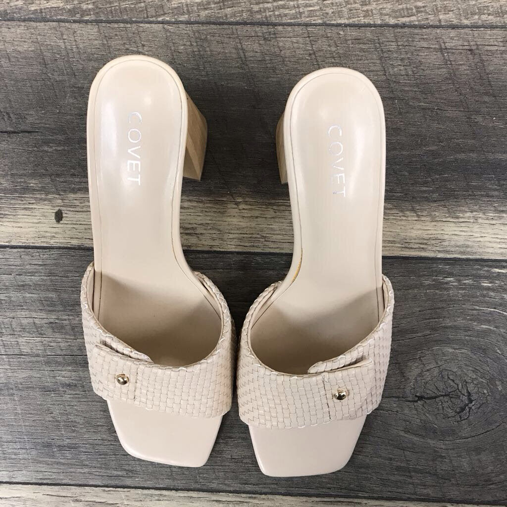 CREAM WOVEN WOOD BLOCK HEELS