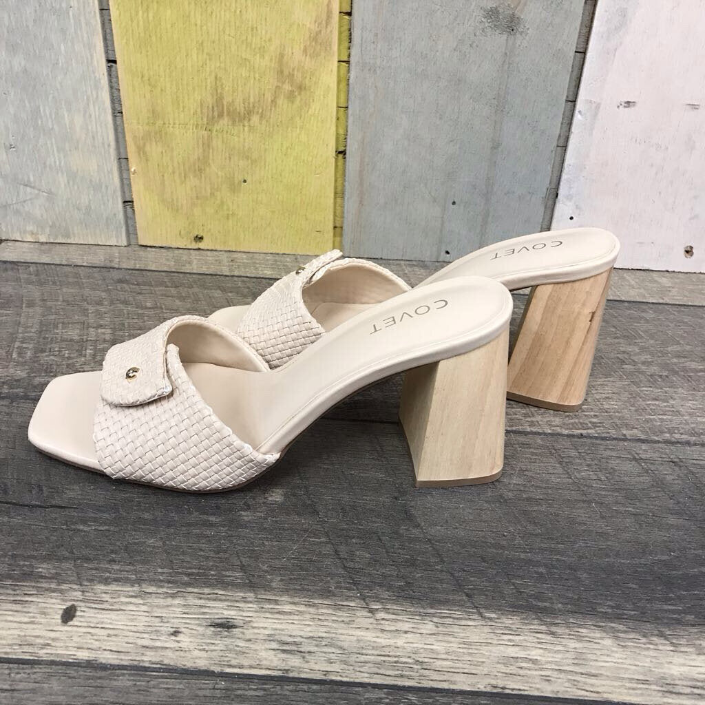 CREAM WOVEN WOOD BLOCK HEELS