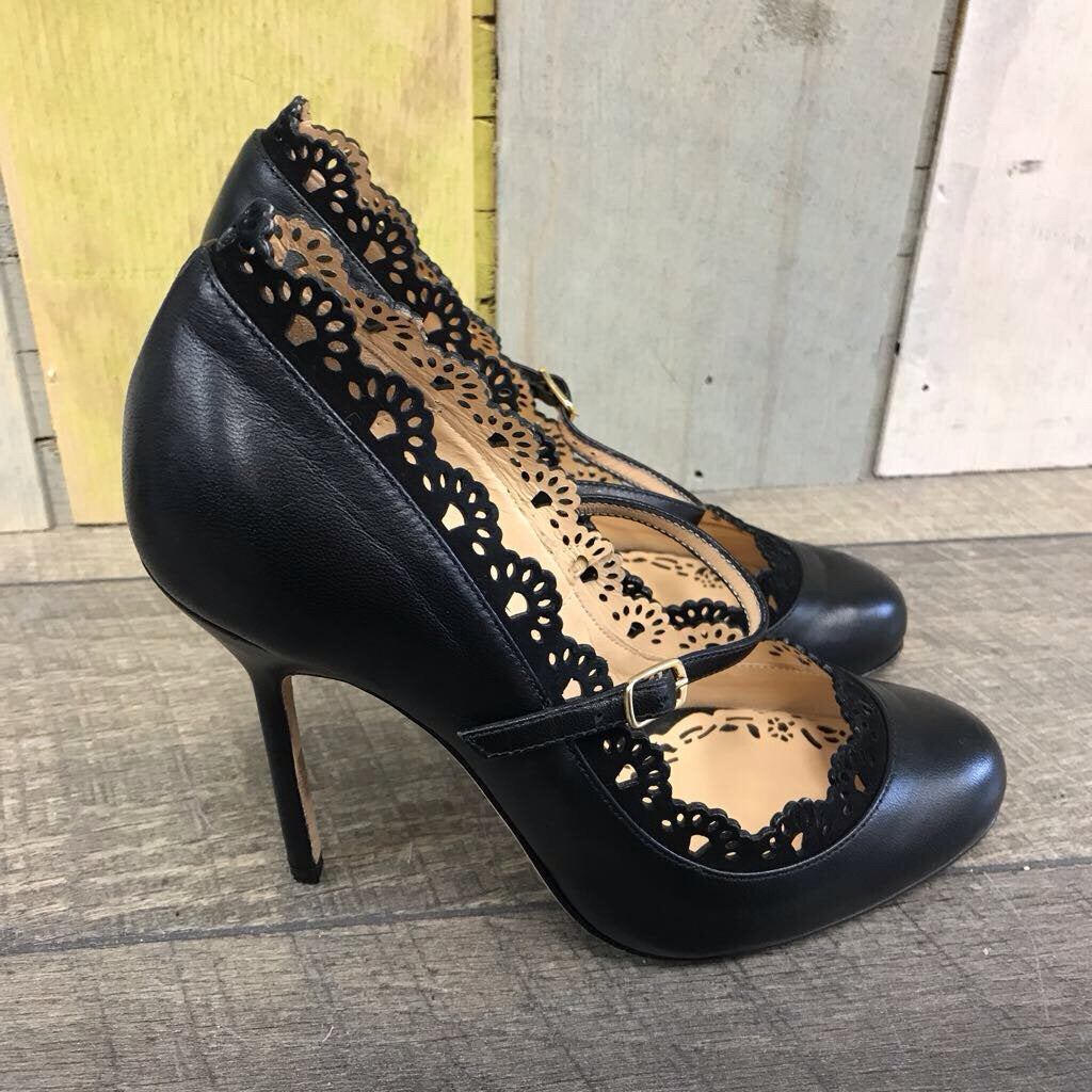 BLK LASER CUT STRAP HEELS