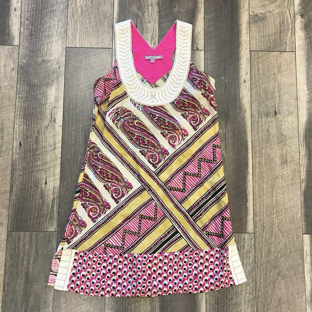 PINK PRINTED BEADED LINEN DRESS