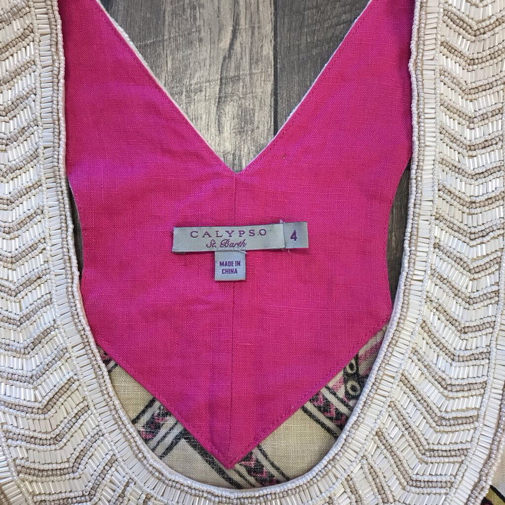 PINK PRINTED BEADED LINEN DRESS