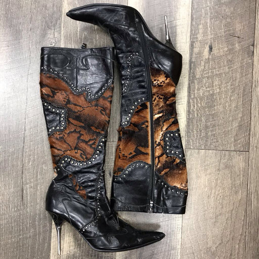 VINTAGE LEATHER FUR STUDDED HEEL BOOTS-AS IS