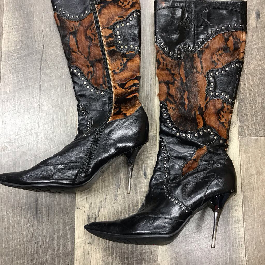 VINTAGE LEATHER FUR STUDDED HEEL BOOTS-AS IS