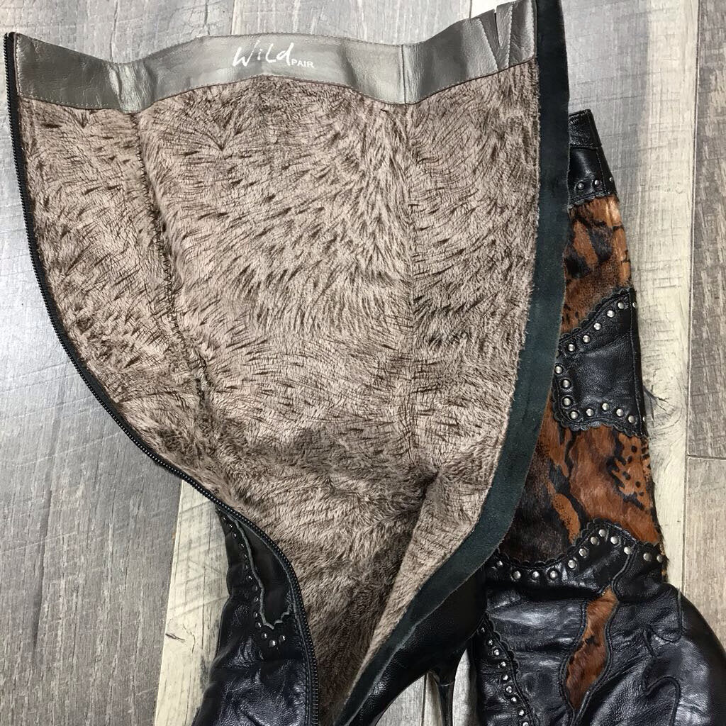 VINTAGE LEATHER FUR STUDDED HEEL BOOTS-AS IS