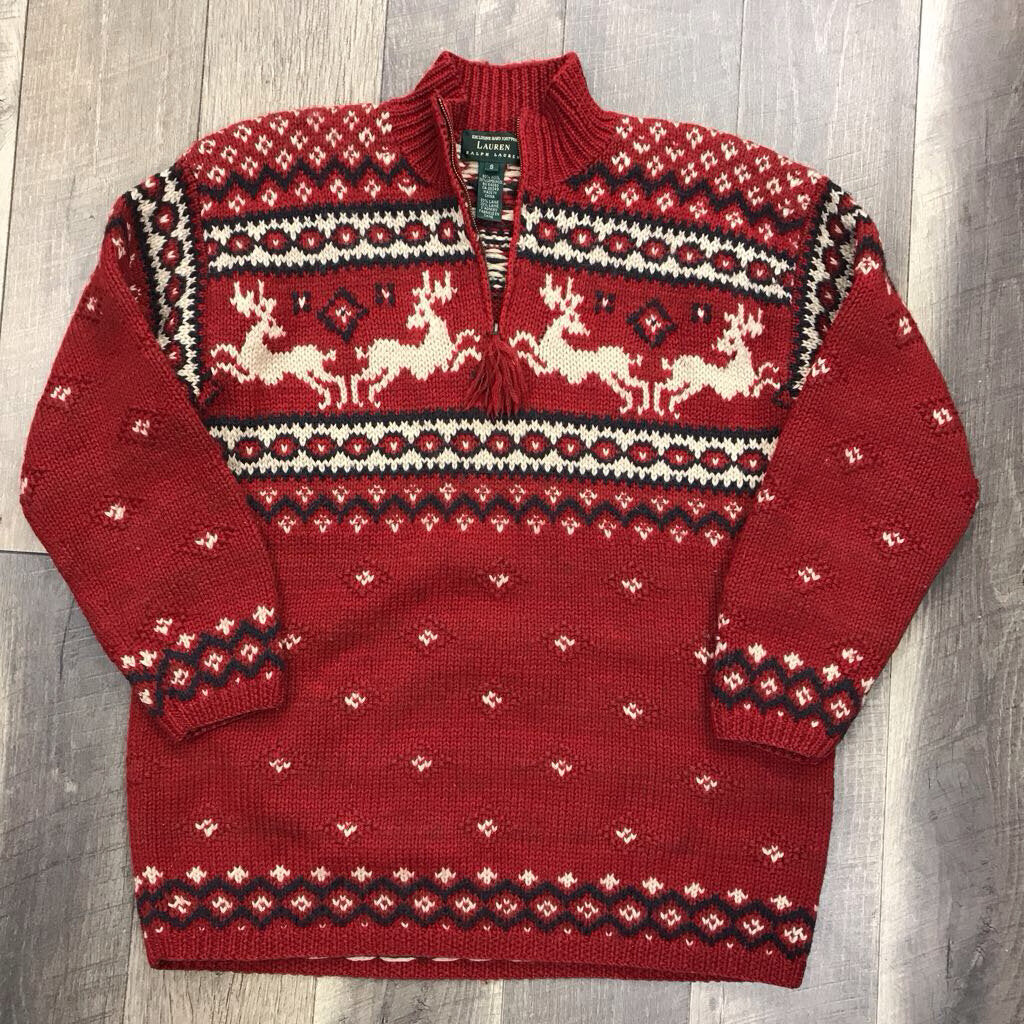 90S RED REINDEER 1/4 ZIP SWEATER