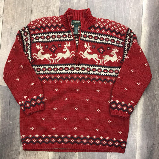 90S RED REINDEER 1/4 ZIP SWEATER